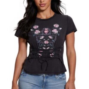 New GUESS Womens Rocker Rose Heart Lace-Up Graphic Tee Black Floral Print Sze M